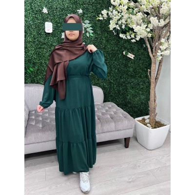 Abaya jupe plissée avec ceinture vert bouteille